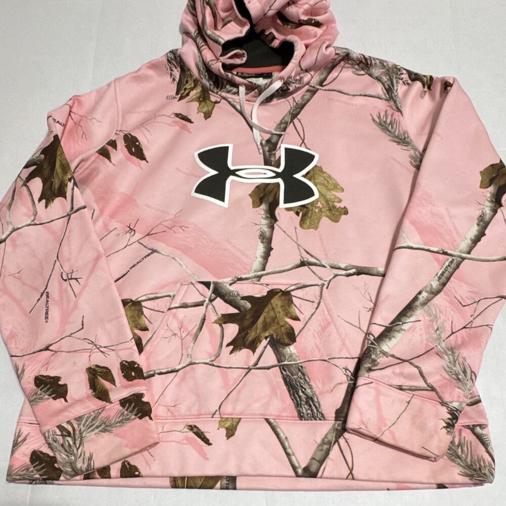 Under Armour Women’s Fleece Pullover Hoodie Pink Camo Pockets Semi-Fitted XL